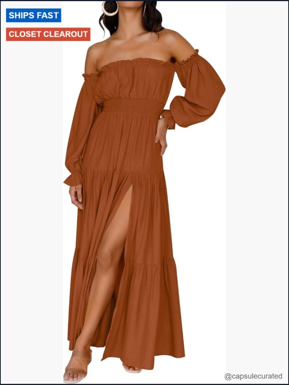 Off Shoulder Boho Maxi Dress Long Sleeve Side Split Flowy A-Line
